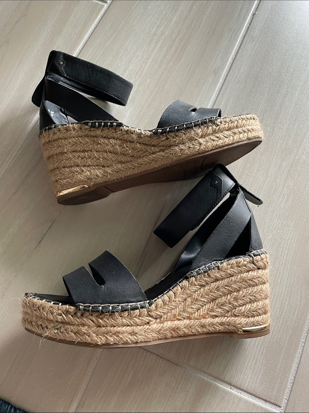 Franco Sarto Black Leather Espadrille Wedge Sandals with Ankle Strap - Picture 4 of 7